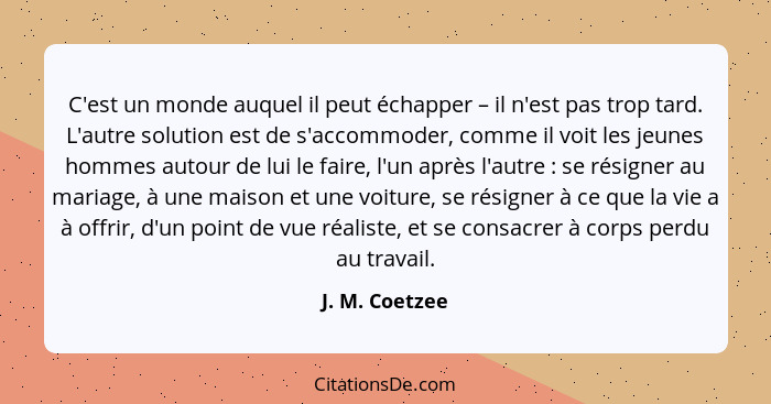 C'est un monde auquel il peut échapper – il n'est pas trop tard. L'autre solution est de s'accommoder, comme il voit les jeunes hommes... - J. M. Coetzee