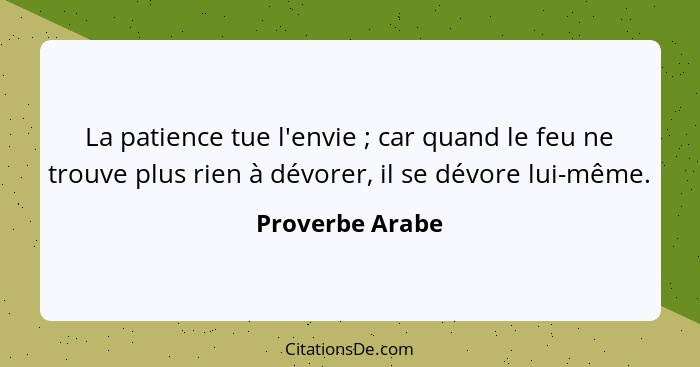 La patience tue l'envie ; car quand le feu ne trouve plus rien à dévorer, il se dévore lui-même.... - Proverbe Arabe