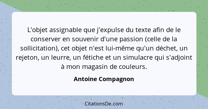 L'objet assignable que j'expulse du texte afin de le conserver en souvenir d'une passion (celle de la sollicitation), cet objet n'... - Antoine Compagnon