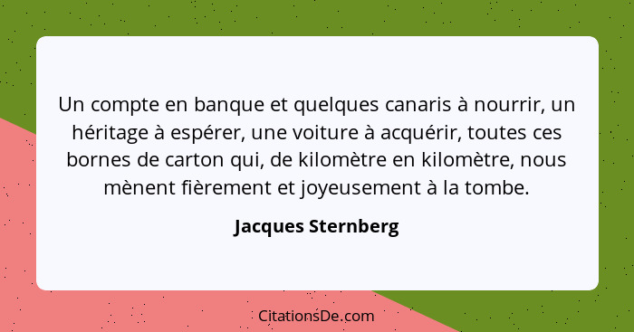 Un compte en banque et quelques canaris à nourrir, un héritage à espérer, une voiture à acquérir, toutes ces bornes de carton qui,... - Jacques Sternberg