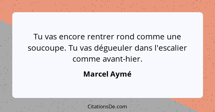 Tu vas encore rentrer rond comme une soucoupe. Tu vas dégueuler dans l'escalier comme avant-hier.... - Marcel Aymé