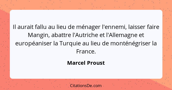 Il aurait fallu au lieu de ménager l'ennemi, laisser faire Mangin, abattre l'Autriche et l'Allemagne et européaniser la Turquie au lie... - Marcel Proust