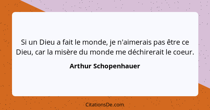 Si un Dieu a fait le monde, je n'aimerais pas être ce Dieu, car la misère du monde me déchirerait le coeur.... - Arthur Schopenhauer