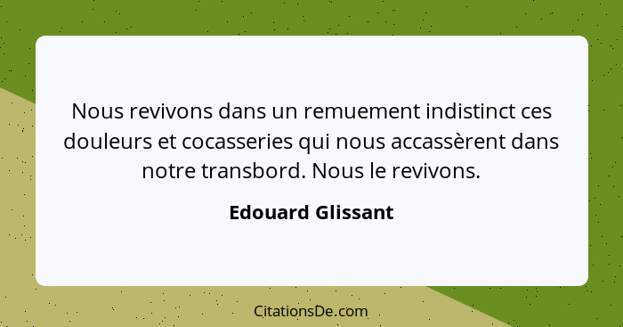 Nous revivons dans un remuement indistinct ces douleurs et cocasseries qui nous accassèrent dans notre transbord. Nous le revivons.... - Edouard Glissant