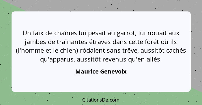 Un faix de chaînes lui pesait au garrot, lui nouait aux jambes de traînantes étraves dans cette forêt où ils (l'homme et le chien)... - Maurice Genevoix