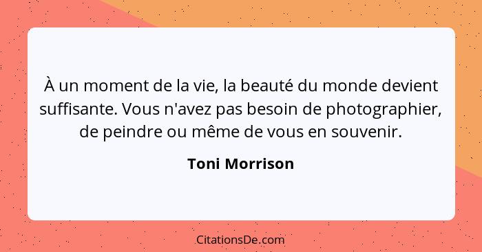 À un moment de la vie, la beauté du monde devient suffisante. Vous n'avez pas besoin de photographier, de peindre ou même de vous en s... - Toni Morrison