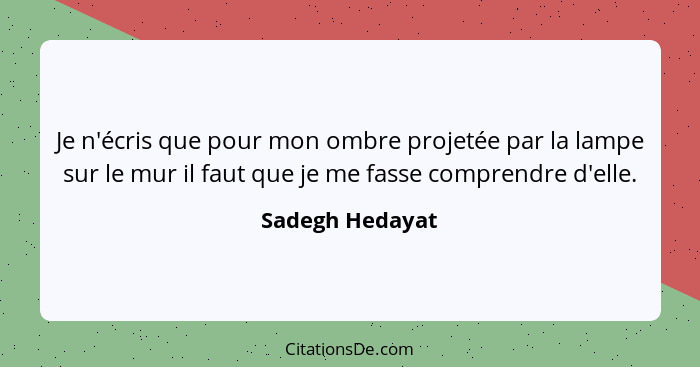 Je n'écris que pour mon ombre projetée par la lampe sur le mur il faut que je me fasse comprendre d'elle.... - Sadegh Hedayat