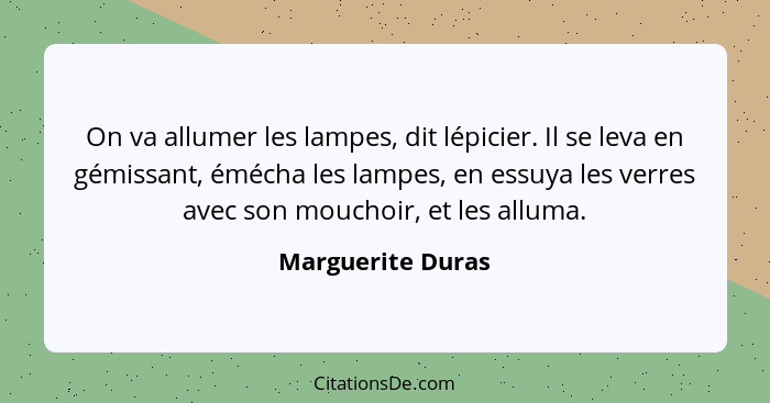 On va allumer les lampes, dit lépicier. Il se leva en gémissant, émécha les lampes, en essuya les verres avec son mouchoir, et les... - Marguerite Duras