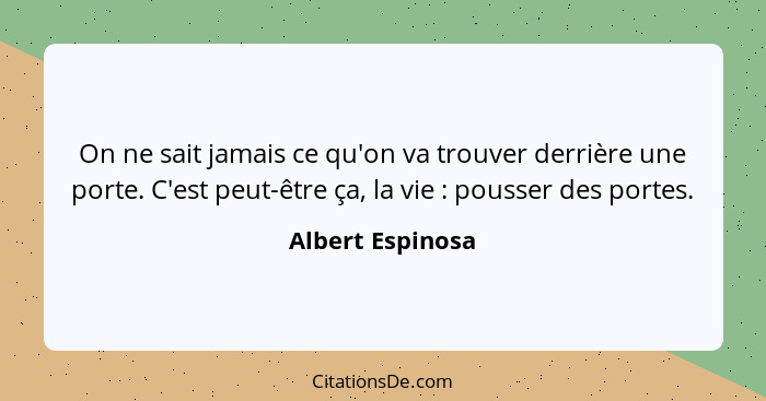 On ne sait jamais ce qu'on va trouver derrière une porte. C'est peut-être ça, la vie : pousser des portes.... - Albert Espinosa