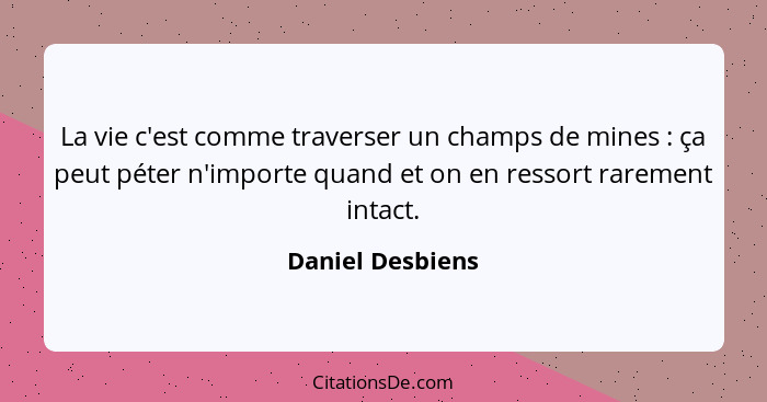 La vie c'est comme traverser un champs de mines : ça peut péter n'importe quand et on en ressort rarement intact.... - Daniel Desbiens