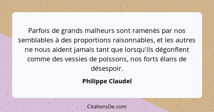 Parfois de grands malheurs sont ramenés par nos semblables à des proportions raisonnables, et les autres ne nous aident jamais tant... - Philippe Claudel