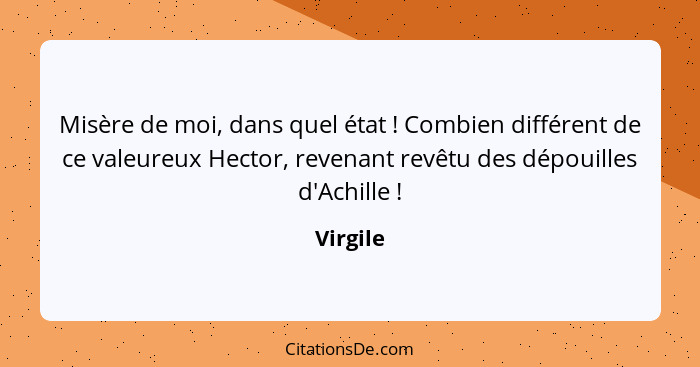 Misère de moi, dans quel état ! Combien différent de ce valeureux Hector, revenant revêtu des dépouilles d'Achille !... - Virgile