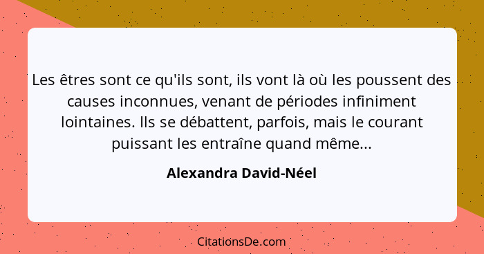 Les êtres sont ce qu'ils sont, ils vont là où les poussent des causes inconnues, venant de périodes infiniment lointaines. Ils... - Alexandra David-Néel