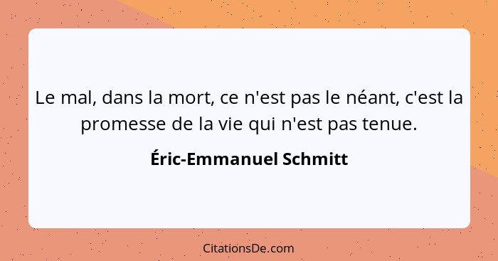 Le mal, dans la mort, ce n'est pas le néant, c'est la promesse de la vie qui n'est pas tenue.... - Éric-Emmanuel Schmitt