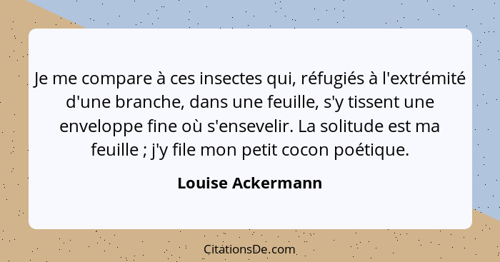 Je me compare à ces insectes qui, réfugiés à l'extrémité d'une branche, dans une feuille, s'y tissent une enveloppe fine où s'ensev... - Louise Ackermann