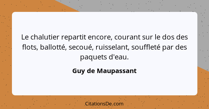 Le chalutier repartit encore, courant sur le dos des flots, ballotté, secoué, ruisselant, souffleté par des paquets d'eau.... - Guy de Maupassant