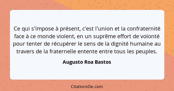 Ce qui s'impose à présent, c'est l'union et la confraternité face à ce monde violent, en un suprême effort de volonté pour tenter... - Augusto Roa Bastos