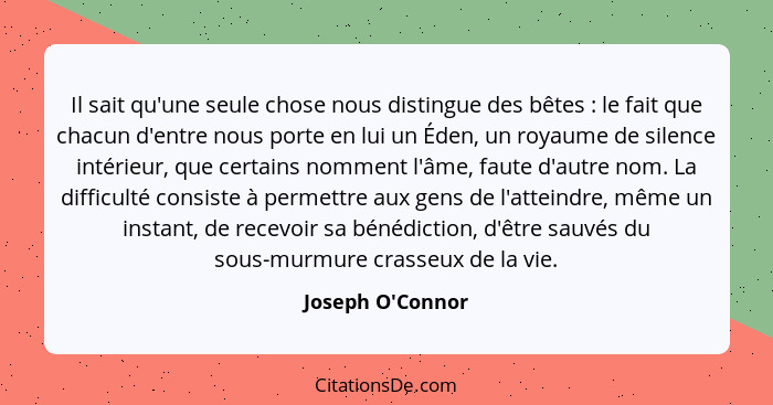 Il sait qu'une seule chose nous distingue des bêtes : le fait que chacun d'entre nous porte en lui un Éden, un royaume de s... - Joseph O'Connor