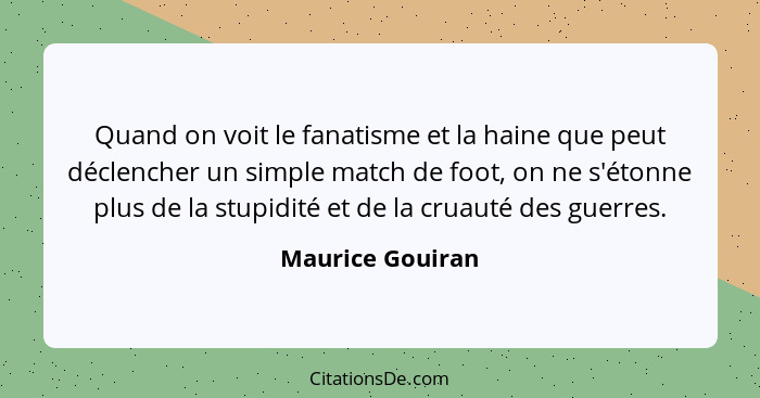 Quand on voit le fanatisme et la haine que peut déclencher un simple match de foot, on ne s'étonne plus de la stupidité et de la cru... - Maurice Gouiran