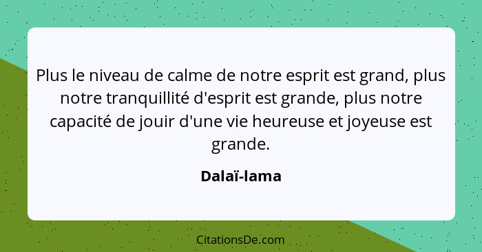 Plus le niveau de calme de notre esprit est grand, plus notre tranquillité d'esprit est grande, plus notre capacité de jouir d'une vie he... - Dalaï-lama