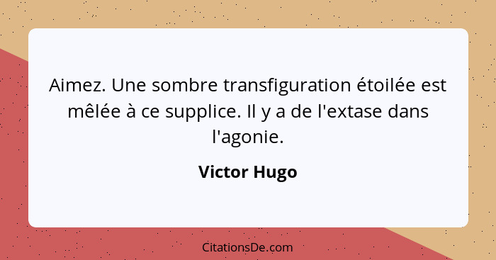 Aimez. Une sombre transfiguration étoilée est mêlée à ce supplice. Il y a de l'extase dans l'agonie.... - Victor Hugo