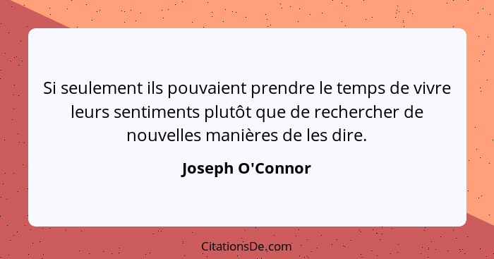 Si seulement ils pouvaient prendre le temps de vivre leurs sentiments plutôt que de rechercher de nouvelles manières de les dire... - Joseph O'Connor