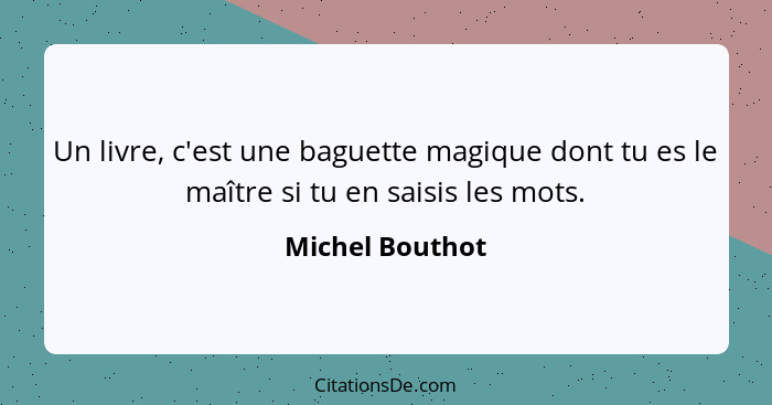 Un livre, c'est une baguette magique dont tu es le maître si tu en saisis les mots.... - Michel Bouthot