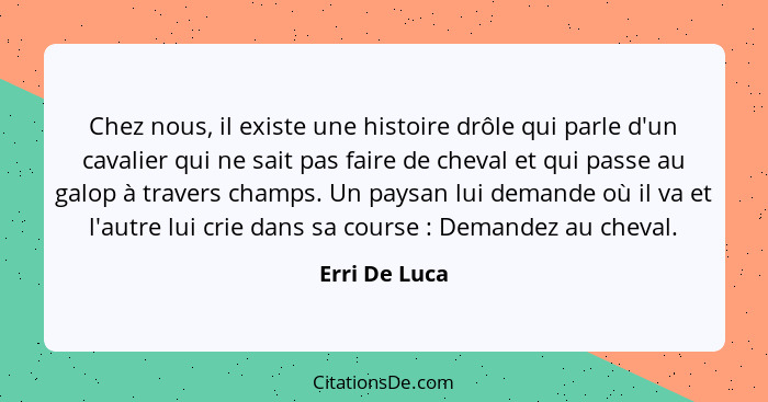 Chez nous, il existe une histoire drôle qui parle d'un cavalier qui ne sait pas faire de cheval et qui passe au galop à travers champs.... - Erri De Luca