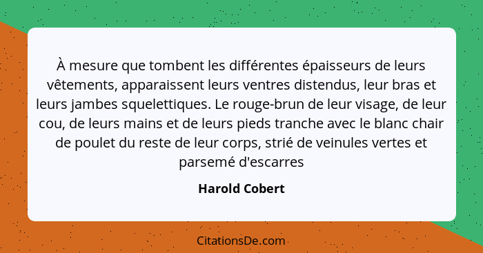 À mesure que tombent les différentes épaisseurs de leurs vêtements, apparaissent leurs ventres distendus, leur bras et leurs jambes sq... - Harold Cobert