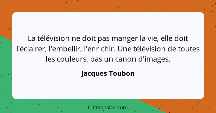 La télévision ne doit pas manger la vie, elle doit l'éclairer, l'embellir, l'enrichir. Une télévision de toutes les couleurs, pas un... - Jacques Toubon