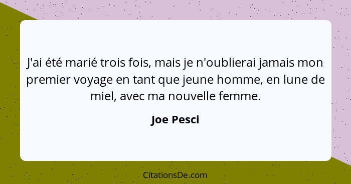 J'ai été marié trois fois, mais je n'oublierai jamais mon premier voyage en tant que jeune homme, en lune de miel, avec ma nouvelle femme.... - Joe Pesci