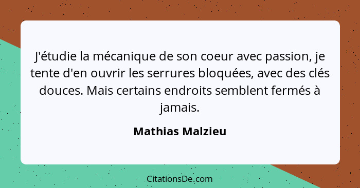 J'étudie la mécanique de son coeur avec passion, je tente d'en ouvrir les serrures bloquées, avec des clés douces. Mais certains end... - Mathias Malzieu