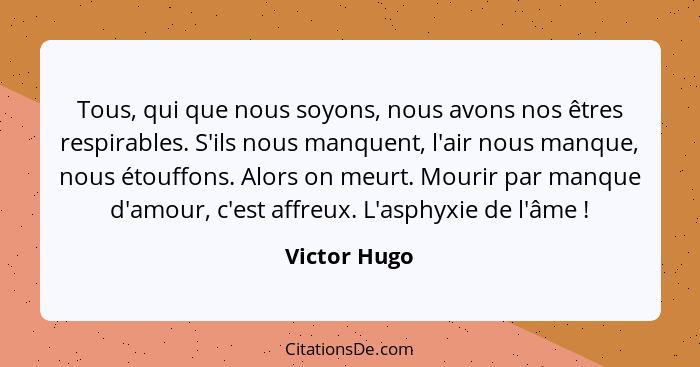 Tous, qui que nous soyons, nous avons nos êtres respirables. S'ils nous manquent, l'air nous manque, nous étouffons. Alors on meurt. Mou... - Victor Hugo