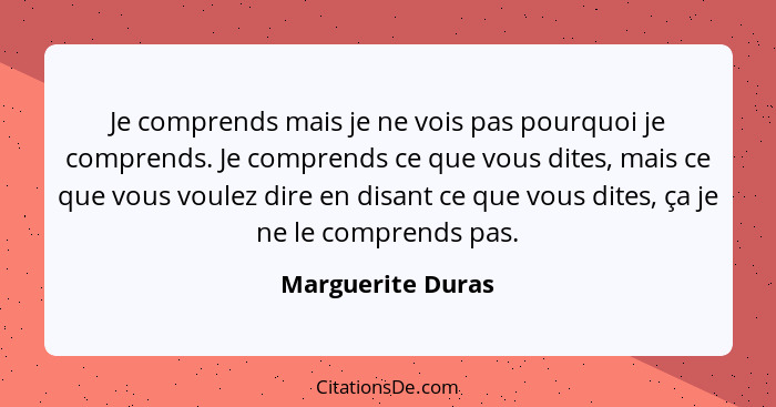 Je comprends mais je ne vois pas pourquoi je comprends. Je comprends ce que vous dites, mais ce que vous voulez dire en disant ce q... - Marguerite Duras