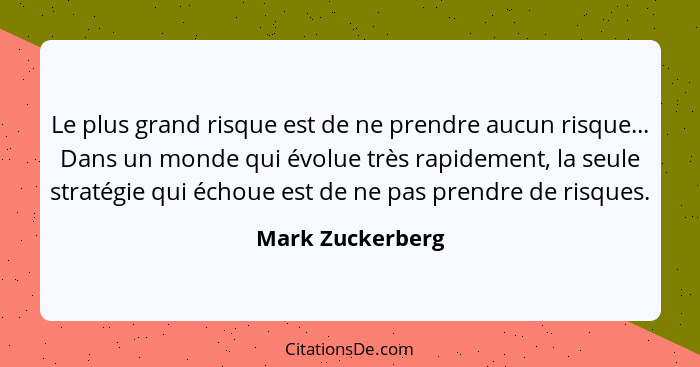 Le plus grand risque est de ne prendre aucun risque... Dans un monde qui évolue très rapidement, la seule stratégie qui échoue est d... - Mark Zuckerberg