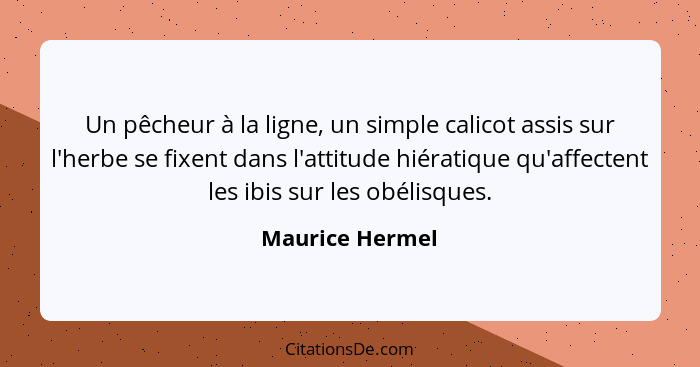 Un pêcheur à la ligne, un simple calicot assis sur l'herbe se fixent dans l'attitude hiératique qu'affectent les ibis sur les obélisq... - Maurice Hermel