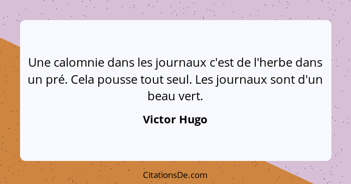 Une calomnie dans les journaux c'est de l'herbe dans un pré. Cela pousse tout seul. Les journaux sont d'un beau vert.... - Victor Hugo