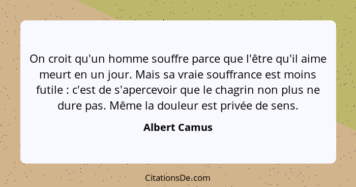 On croit qu'un homme souffre parce que l'être qu'il aime meurt en un jour. Mais sa vraie souffrance est moins futile : c'est de s'... - Albert Camus