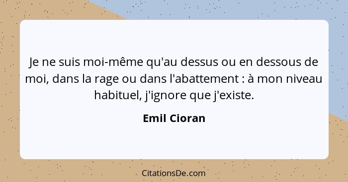 Je ne suis moi-même qu'au dessus ou en dessous de moi, dans la rage ou dans l'abattement : à mon niveau habituel, j'ignore que j'ex... - Emil Cioran