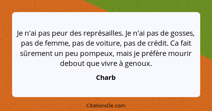 Je n'ai pas peur des représailles. Je n'ai pas de gosses, pas de femme, pas de voiture, pas de crédit. Ca fait sûrement un peu pompeux, mais j... - Charb