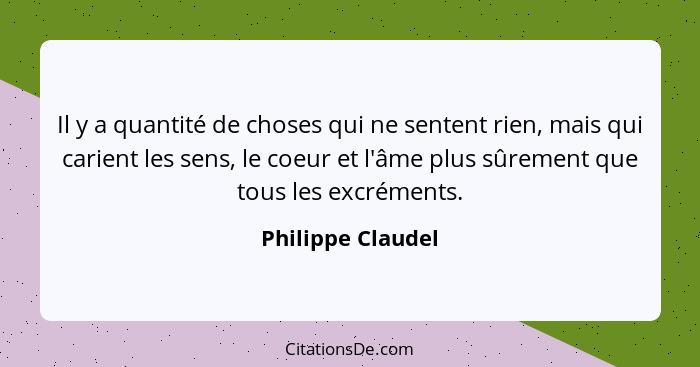 Il y a quantité de choses qui ne sentent rien, mais qui carient les sens, le coeur et l'âme plus sûrement que tous les excréments.... - Philippe Claudel