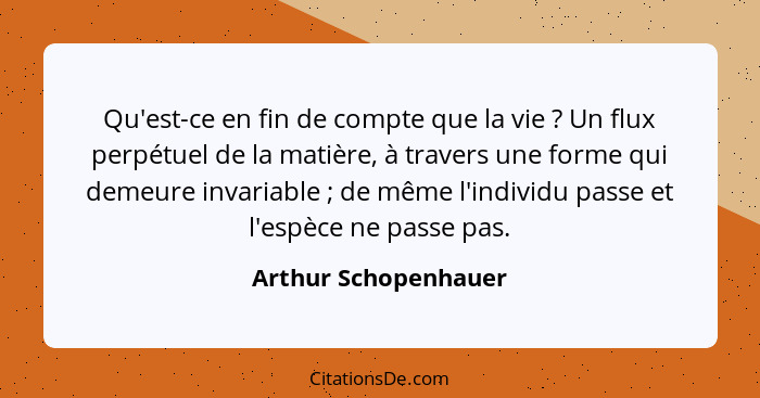 Qu'est-ce en fin de compte que la vie ? Un flux perpétuel de la matière, à travers une forme qui demeure invariable ;... - Arthur Schopenhauer