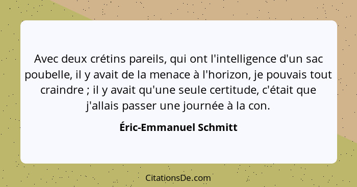 Avec deux crétins pareils, qui ont l'intelligence d'un sac poubelle, il y avait de la menace à l'horizon, je pouvais tout crai... - Éric-Emmanuel Schmitt