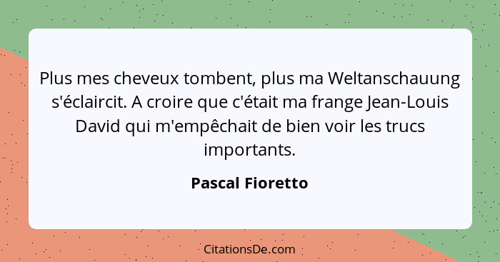 Plus mes cheveux tombent, plus ma Weltanschauung s'éclaircit. A croire que c'était ma frange Jean-Louis David qui m'empêchait de bie... - Pascal Fioretto