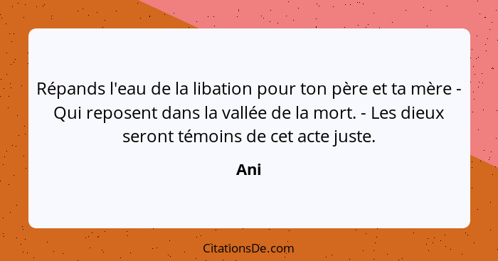 Répands l'eau de la libation pour ton père et ta mère - Qui reposent dans la vallée de la mort. - Les dieux seront témoins de cet acte juste.... - Ani