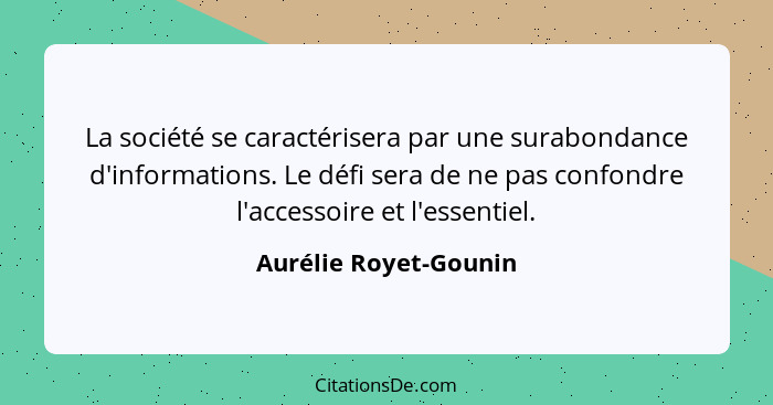 La société se caractérisera par une surabondance d'informations. Le défi sera de ne pas confondre l'accessoire et l'essentiel.... - Aurélie Royet-Gounin