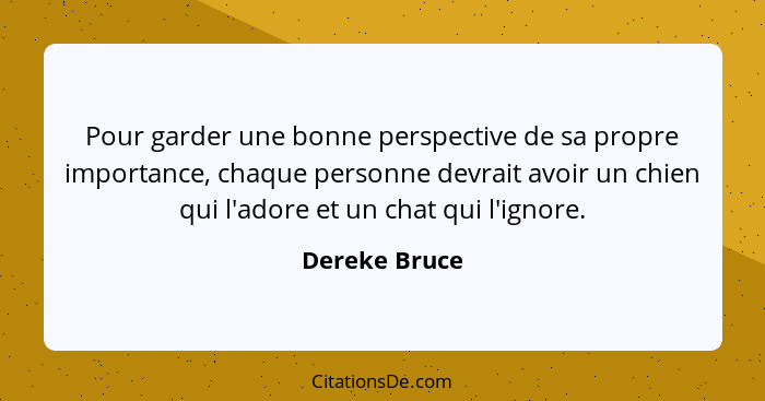 Pour garder une bonne perspective de sa propre importance, chaque personne devrait avoir un chien qui l'adore et un chat qui l'ignore.... - Dereke Bruce