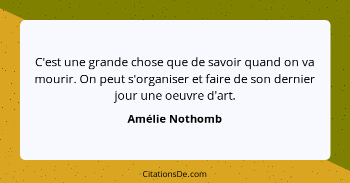 C'est une grande chose que de savoir quand on va mourir. On peut s'organiser et faire de son dernier jour une oeuvre d'art.... - Amélie Nothomb