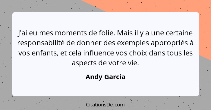 J'ai eu mes moments de folie. Mais il y a une certaine responsabilité de donner des exemples appropriés à vos enfants, et cela influence... - Andy Garcia