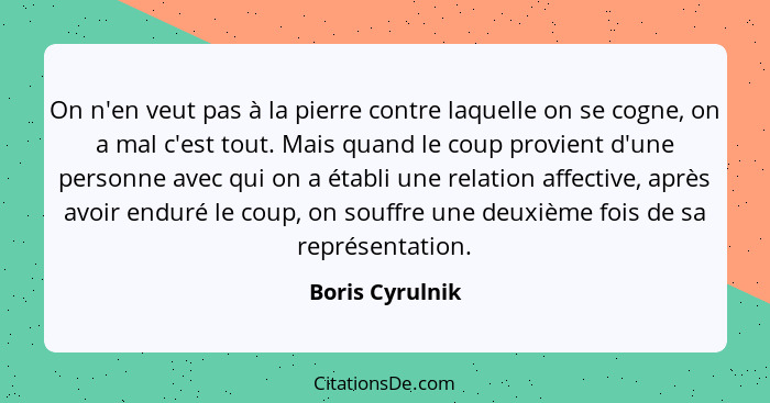 On n'en veut pas à la pierre contre laquelle on se cogne, on a mal c'est tout. Mais quand le coup provient d'une personne avec qui on... - Boris Cyrulnik